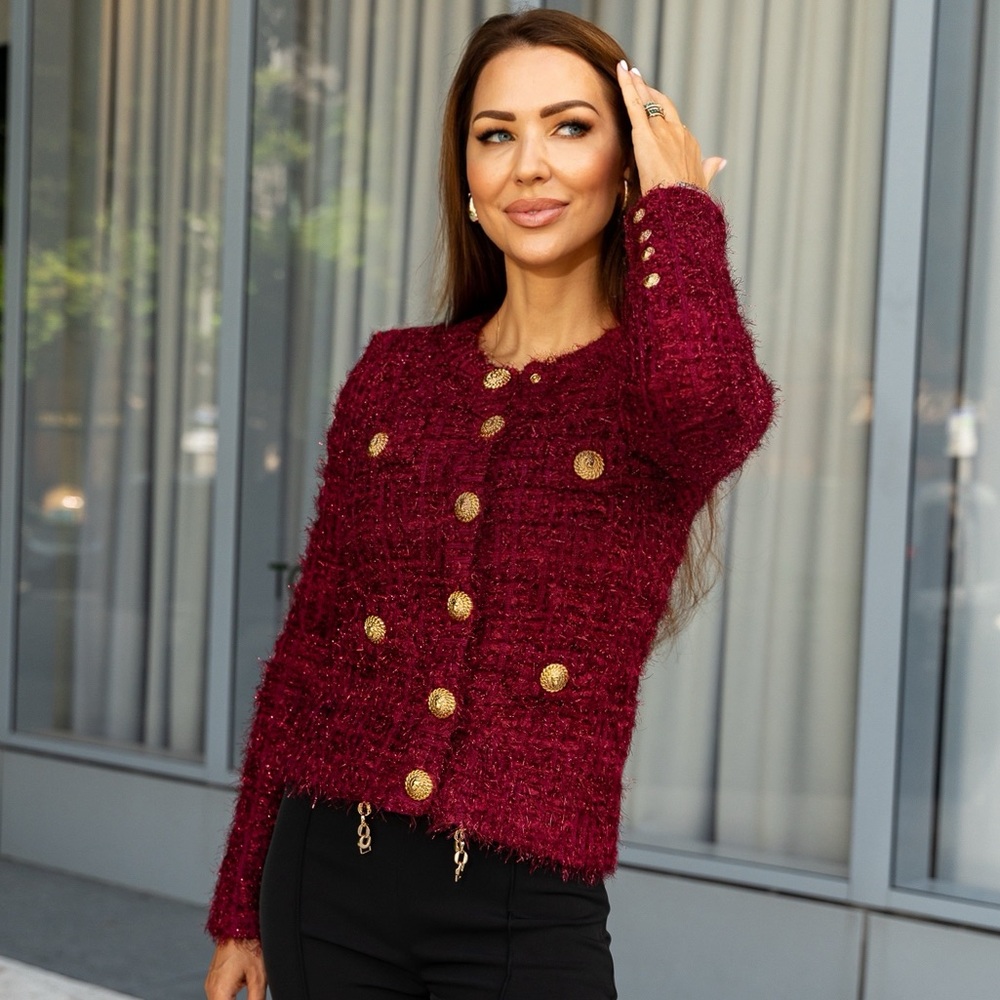 Women's Burgundy Fuzzy Knit Double-Breasted Cardigan